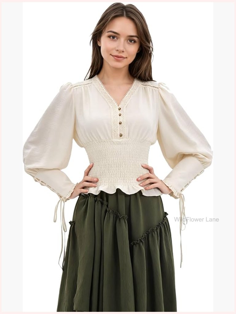 Renaissance Blouse Women Pirate Top Gothic V-Neck Lantern Sleeves Smocked Waist